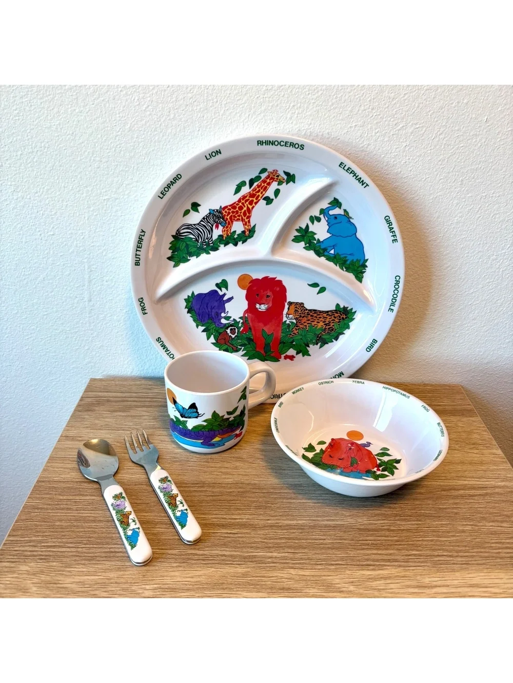 Vintage 1987 Anacapa Melamine Safari Children’s Dish Set Plate, Bowl Cup Fork